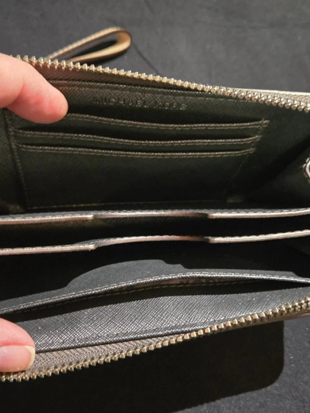 Michael Kors Metallic Gunmetal MK Logo Zip Around Wristlet Wallet